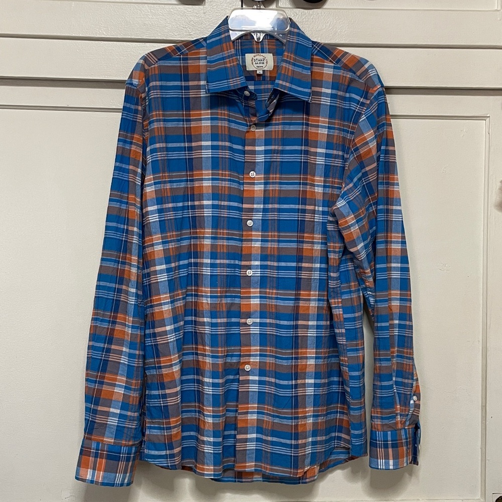 Milano Men's Blue and Orange Plaid Shirt